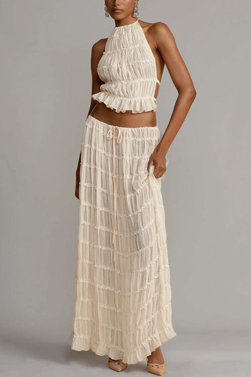 Margovil Frilled Halter Open Back Crop Top and Pleated Maxi Skirt Set