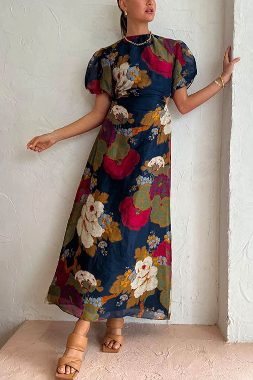 Margovil Puff Sleeve Cut Out Waist Floral Maxi Swing Dress