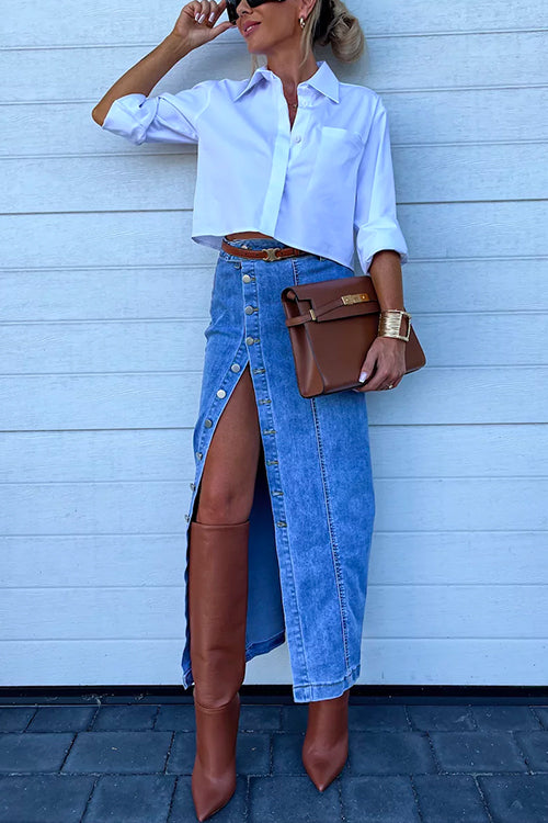Margovil High Rise Button Down Slit Denim Skirt