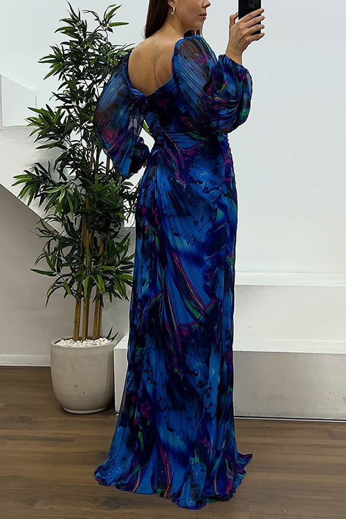 Margovil Off Shoulder Rhinestones Detail Printed Slit Pleated Maxi Dress
