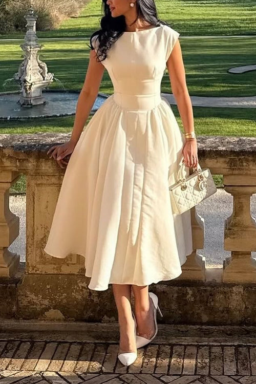 Margovil Cap Sleeves Open Back Waisted Swing Midi Dress