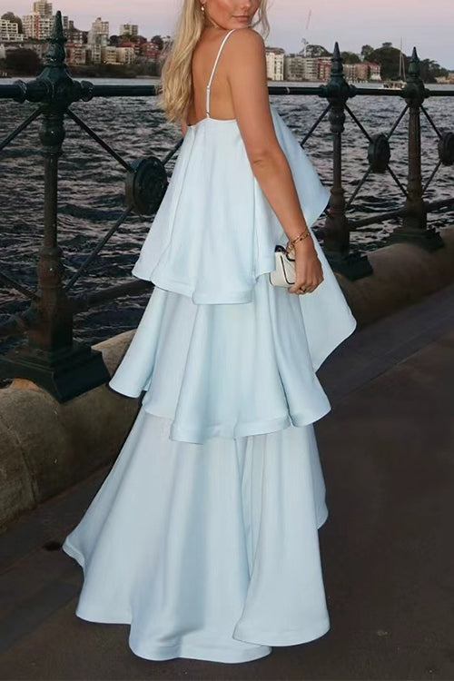 Margovil Adjustable Strap Ruffle Layered Satin Maxi Dress