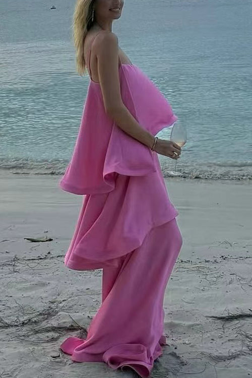 Margovil Adjustable Strap Ruffle Layered Satin Maxi Dress