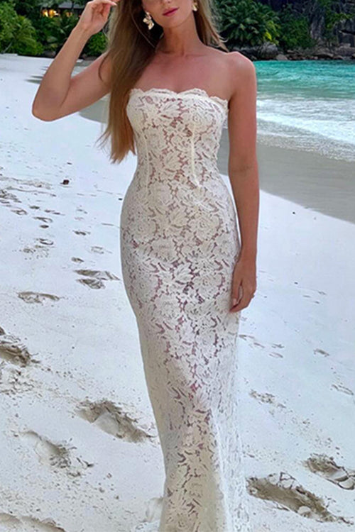 Margovil Strapless Lace Hollow Out Bodycon Maxi Dress