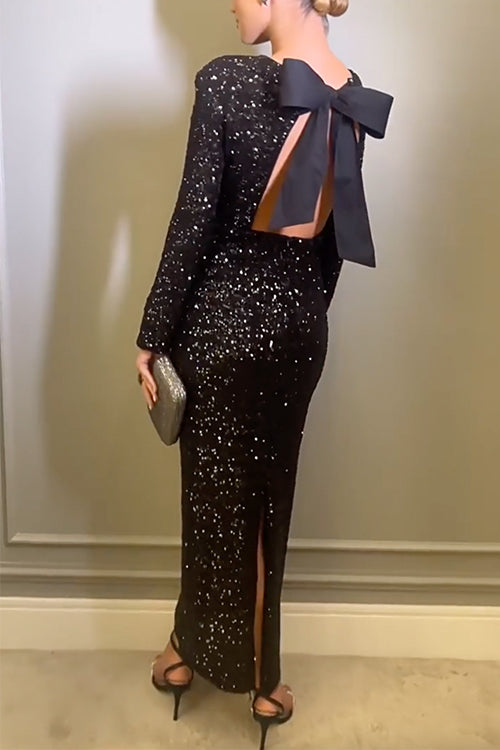Margovil Bow Backless Sequin Bodycon Maxi Party Dress