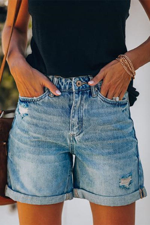Margovil Rolled Hem Ripped Denim Shorts