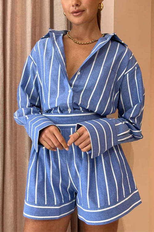 Margovil Striped Long Sleeves Curve Hem Shirt and High Rise Shorts Set