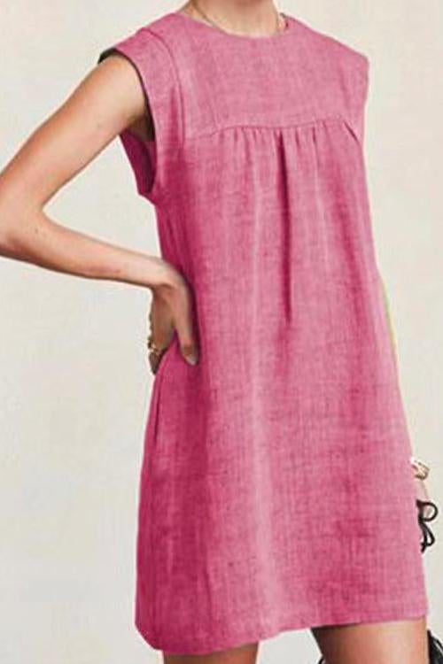 Margovil Ruched Short Sleeve Cotton Linen Babydoll Dress