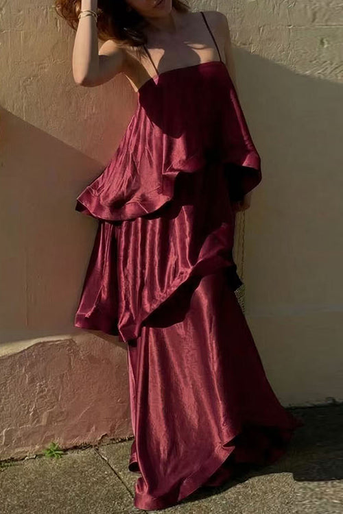 Margovil Adjustable Strap Ruffle Layered Satin Maxi Dress