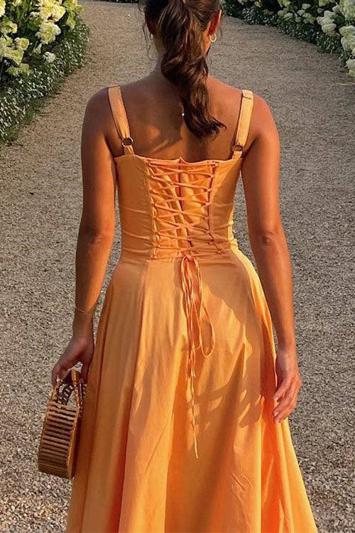 Margovil Drawstring Neck Slit Bustier Midi Cami Dress