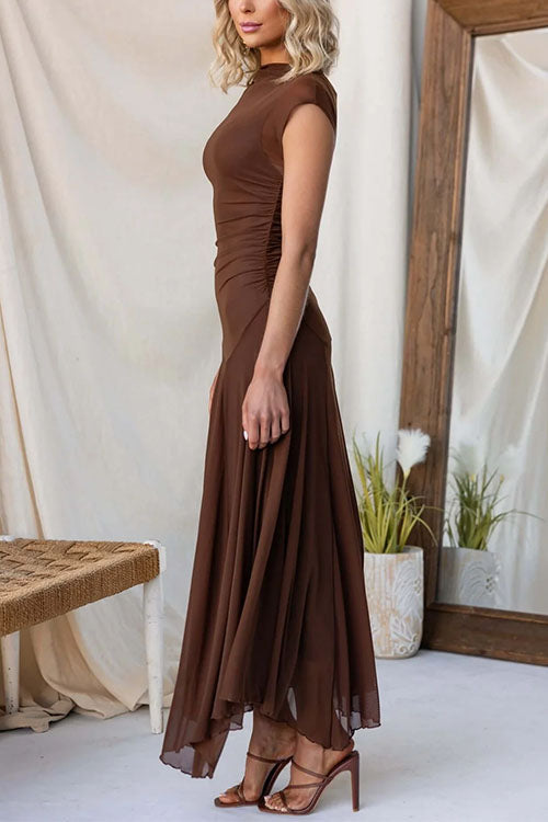 Mockneck Cap Sleeves Ruched Mesh Maxi Dress
