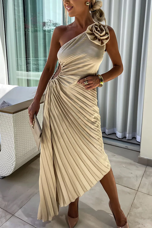 Margovil 3D Rose One Shoulder Cut Out Waist Asymmetric Hem Pleated Maxi Dress