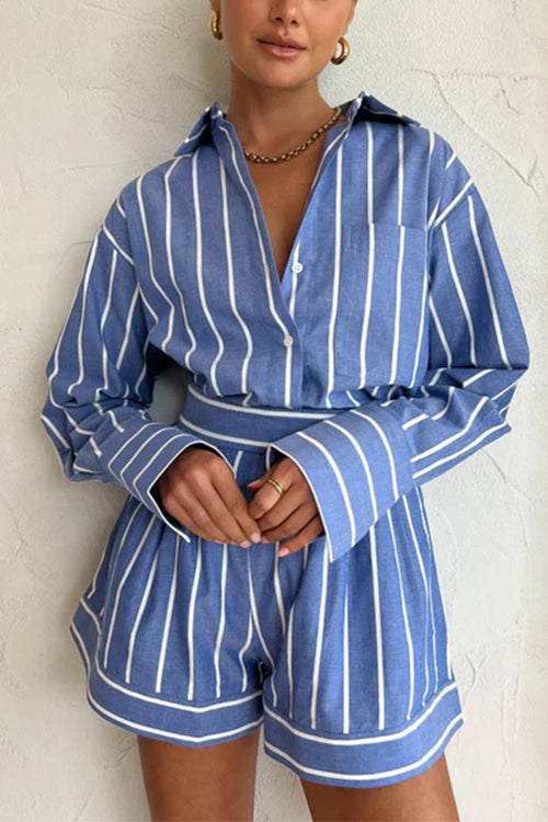 Margovil Striped Long Sleeves Curve Hem Shirt and High Rise Shorts Set