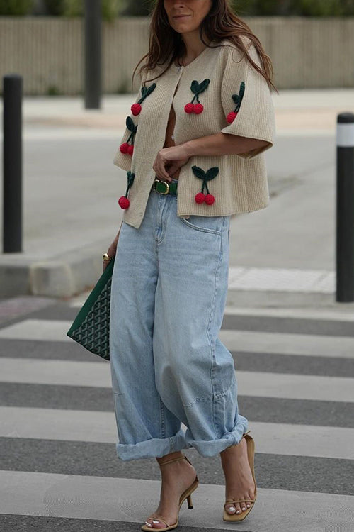 Margovil Short Sleeves Button Up Cherry Decorative Knit Sweater