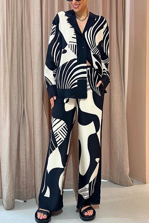 Margovil Graphic Printed Long Sleeve Blouse Shirt Wide Leg Pants 2 Pieces Set