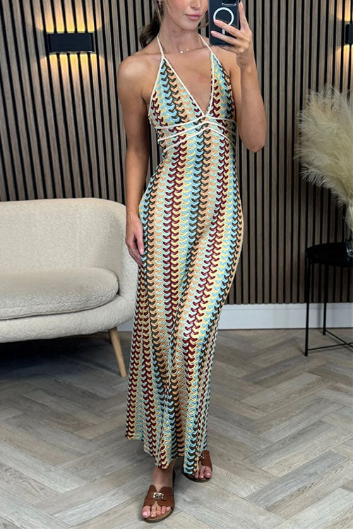 Margovil Halter V Neck Backless Color Block Crochet Maxi Dress