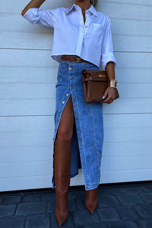 Margovil High Rise Button Down Slit Denim Skirt
