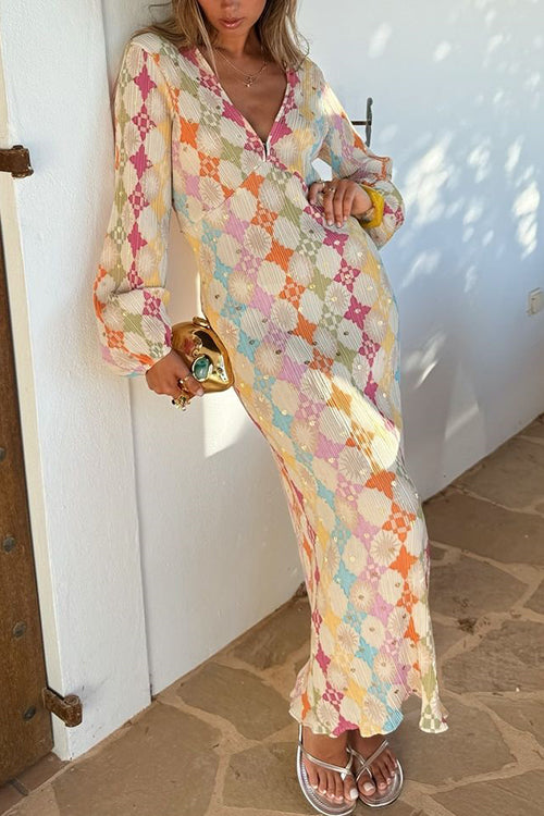 Margovil V Neck Lantern Sleeves Geometric Print Maxi Dress
