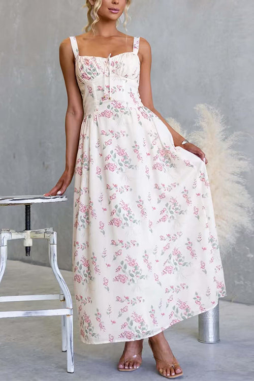 Sleeveless High Waist Floral Print Swing Maxi Dress