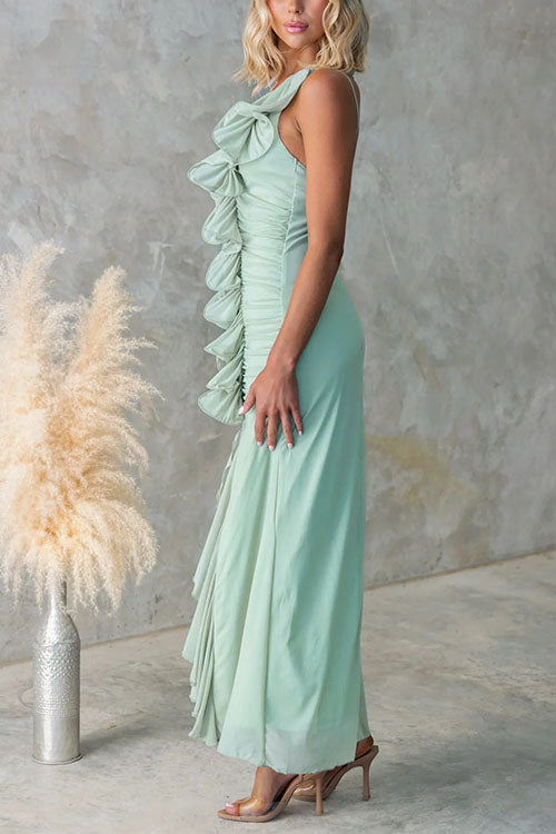 Margovil One Shoulder Slit Ruffle Mesh Maxi Dress