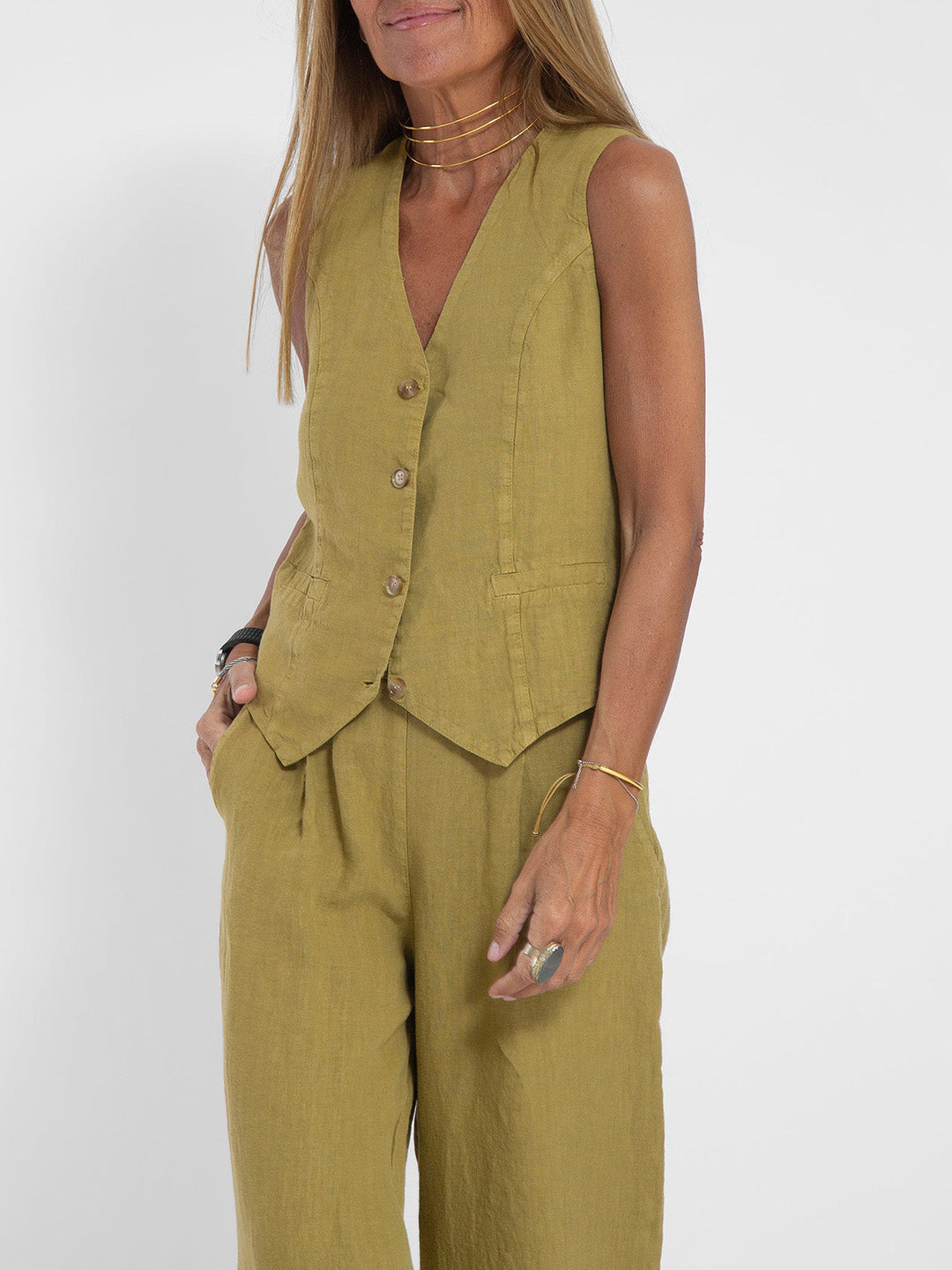 Aira - Buttoned Vest and Wide-Leg Pants Set