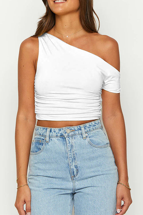 Margovil Asymmetrical Shoulder Ruched Crop Top