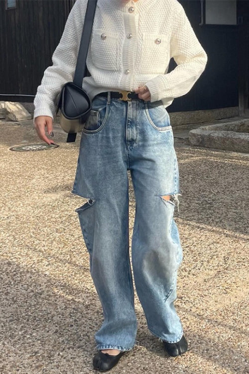 Margovil Distressed Wide Leg Ripped Jeans