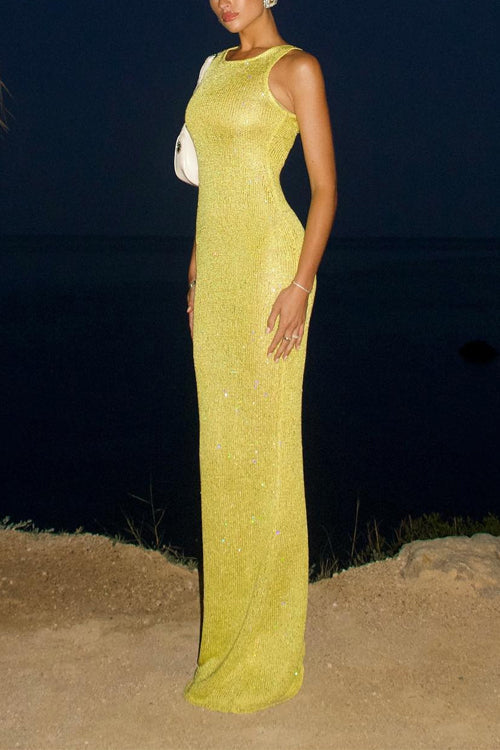 Margovil Round Neck Sleeveless Bodycon Glitter Maxi Party Dress