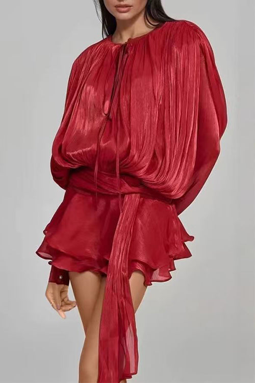 Margovil Lantern Long Sleeves Draped Ruffle Layered Mini Dress with Shorts