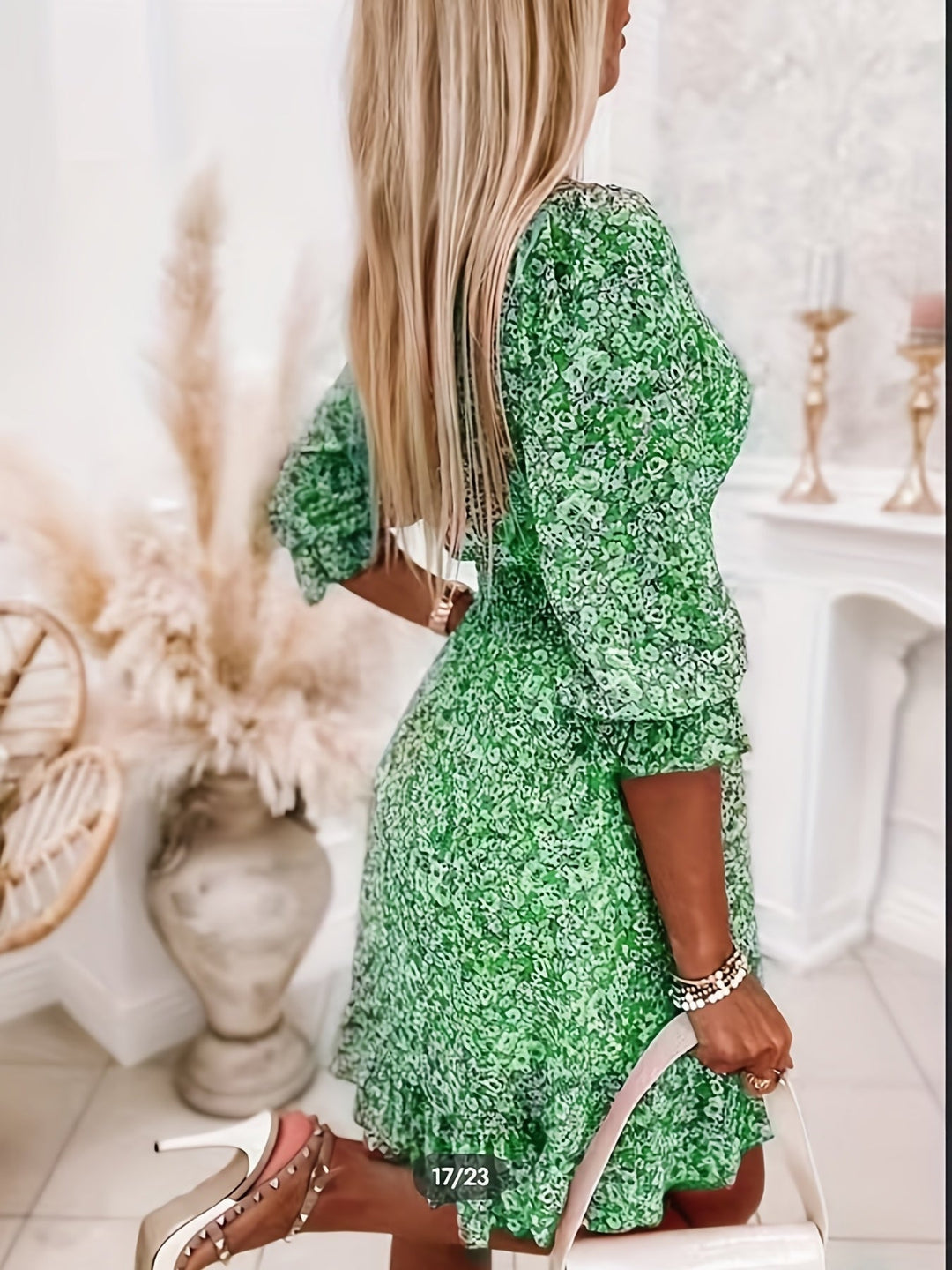 Boharra | Floral V-Neck Flutter Sleeve Shirred Tent Knee-Length Dress