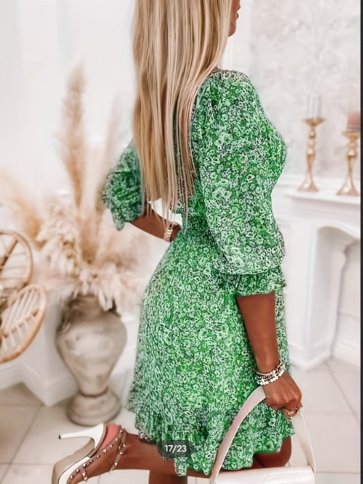 Boharra | Floral V-Neck Flutter Sleeve Shirred Tent Knee-Length Dress