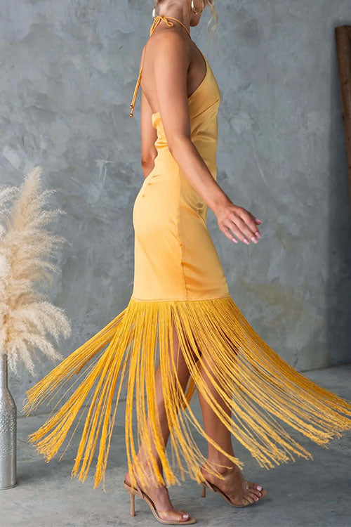 Margovil Halter Neck Patchwork Fringe Hem Satin Maxi Dress