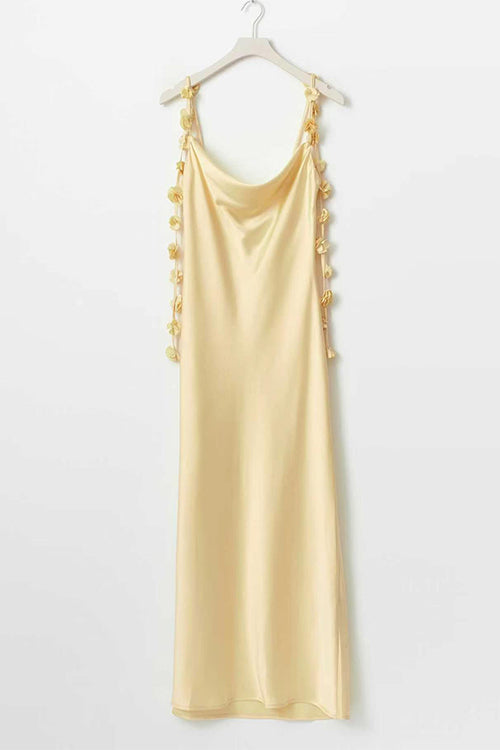 Cowl Neck Flower Applique Satin Maxi Cami Dress