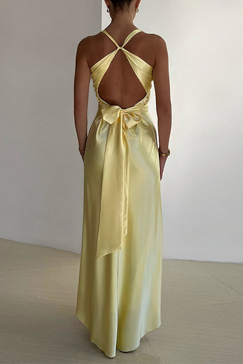 Margovil V Neck Back Tie Bow Cut Out Satin Maxi Dress