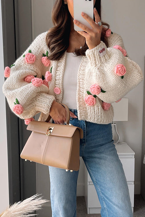 Margovil Button Down Flower Applique Sweater Cardigan