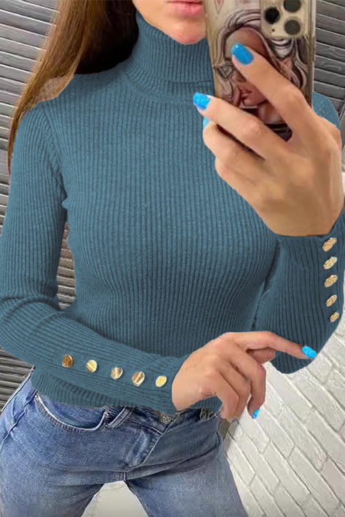 Margovil Turtleneck Gold Buttons Ribbed Knit Top