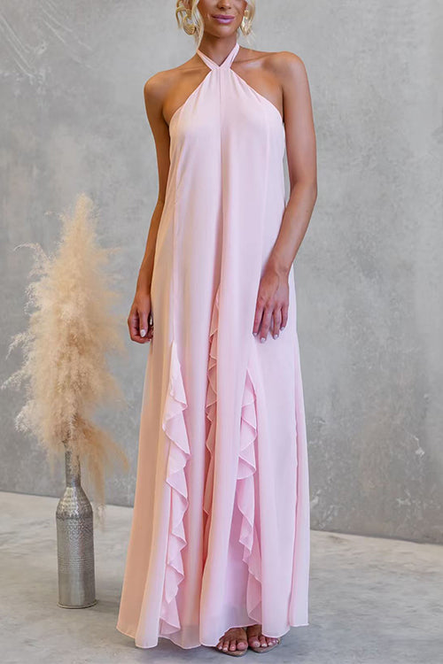Halter Neck Open Back Ruffle Trim Maxi Dress