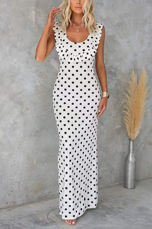 U Neck Ruffle Detail Polka Dot Maxi Dress
