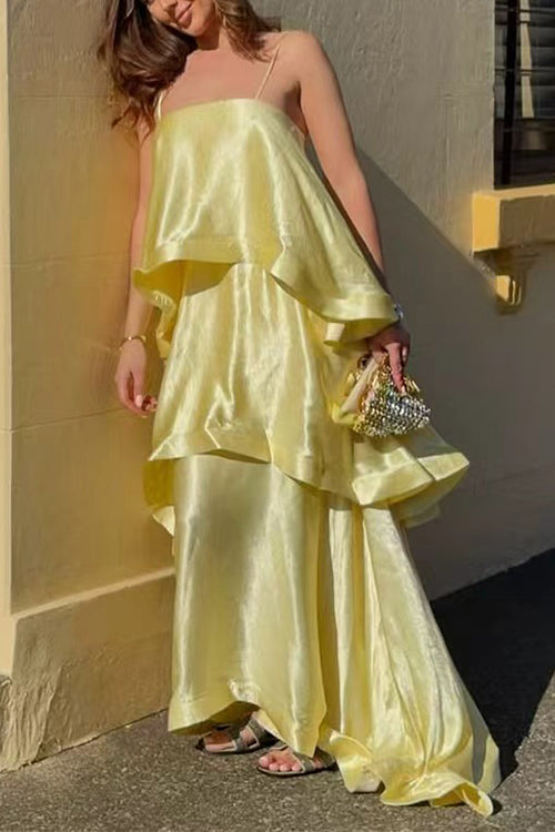 Margovil Spaghetti Strap Ruffle Layered Satin Maxi Dress