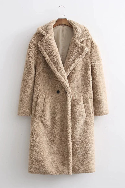 Margovil Notch Lapel Double Breasted Pocketed Fuzzy Fleece Coat