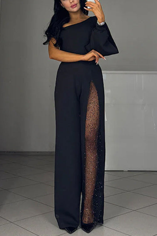 Margovil Stylish One Shoulder Slit Long Sleeve Mesh Splice Wide Leg Jumpsuit
