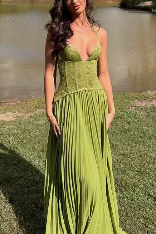 Margovil Halter Neck Back Lace-up Pleated Maxi Dress