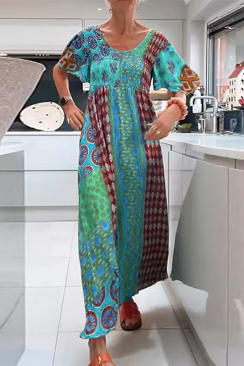 Margovil Round Neck Short Sleeves Printed Maxi Dress