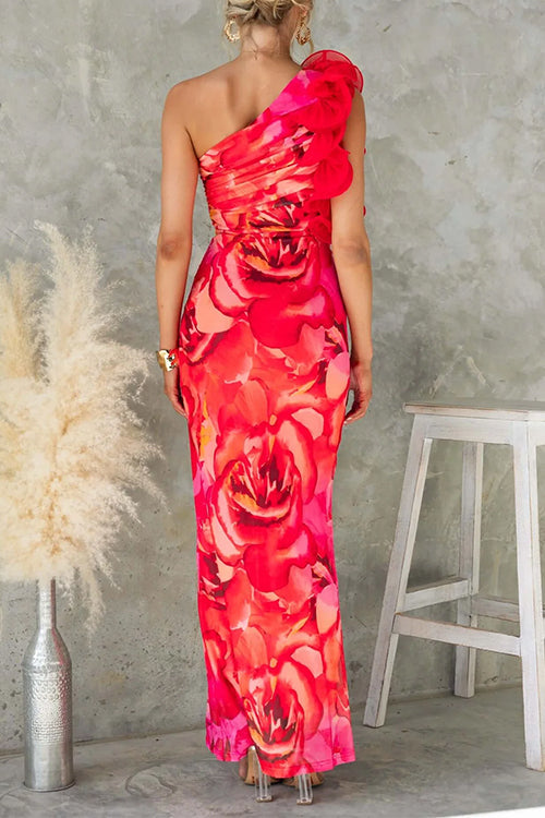 Margovil Ruffle One Shoulder Floral Print Bodycon Maxi Dress