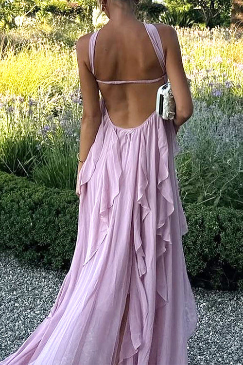 Margovil Sleeveless Open Back Ruffle Trim Slit Maxi Dress