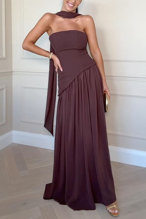 Margovil Strapless Back Lace-up High Slit Splice Maxi Dress