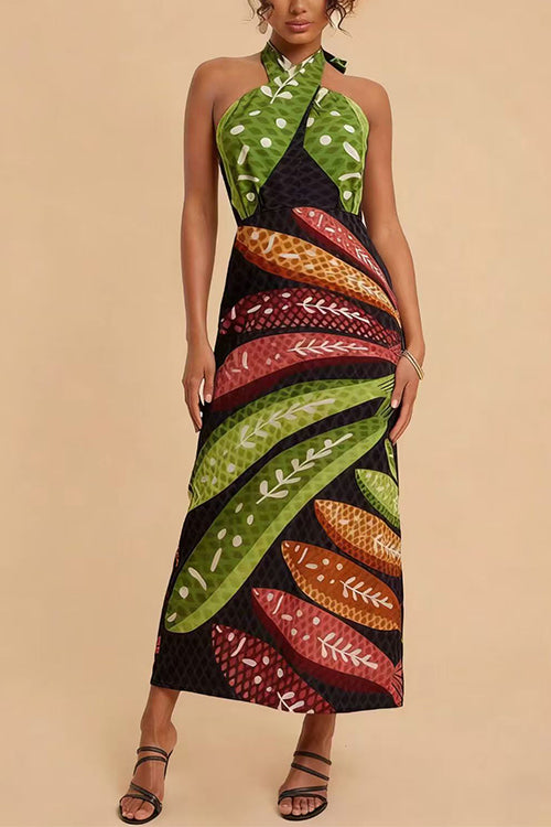 Margovil Halter Neck Backless Fish Print Maxi Dress