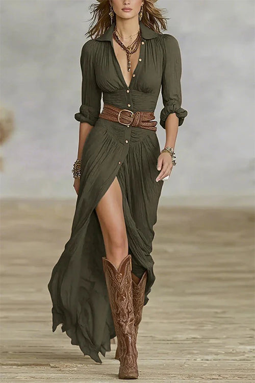 Margovil Lapel V Neck Long Sleeves Button Up Slit Maxi Dress