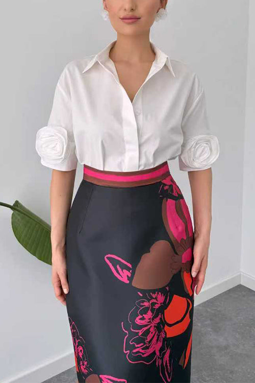 Collared Short Sleeves Button Down Flower Detail Shirt