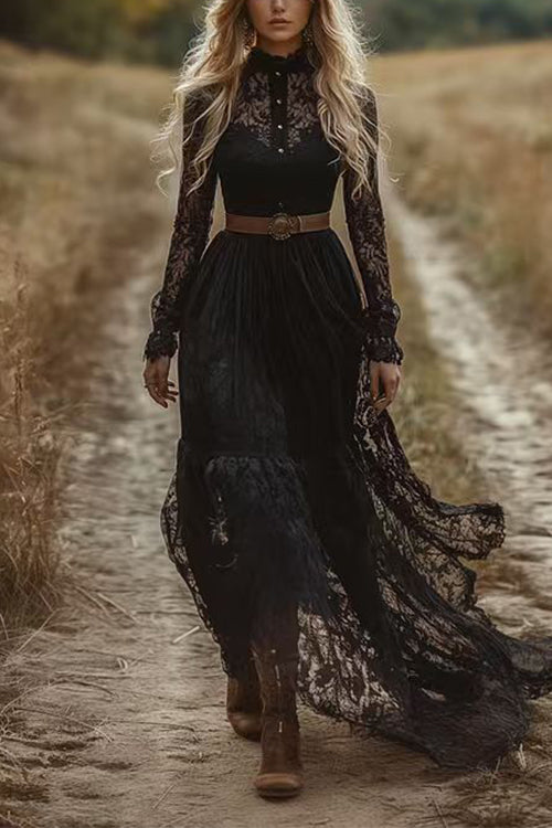 Margovil Long Sleeves Button Up Lace Maxi Dress